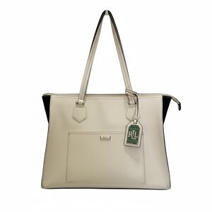 Ralph Lauren Cream Leather Tote Bag Black Trim RL Tag Structured Work Bag